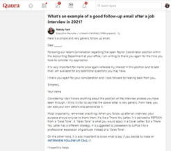 Free Follow up email example after a job interview from https://www.market-connections.net